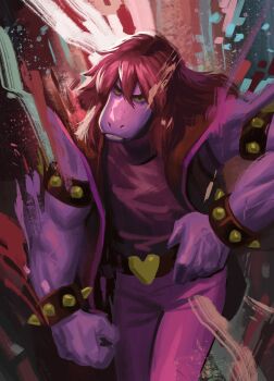 1girl angusburgers armlet bracelet colored_skin cowboy_shot deltarune disco_elysium highres jewelry muscular muscular_female pants purple_pants purple_skin reptile_girl spiked_armlet spiked_bracelet spikes susie_(dark_world)_(deltarune) susie_(deltarune) utdr_(toby_fox)