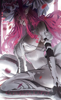 1girl absurdres baobhan_sith_(fate) baobhan_sith_(third_ascension)_(fate) black_gloves breasts commentary dated_commentary dress elbow_gloves fangs fate/grand_order fate_(series) frilled_hat frills gag gloves grey_eyes hair_intakes hair_ornament hairclip hat highres kneeling large_breasts long_hair makeup pale_skin pink_hair pointy_ears rororo runny_makeup solo thighhighs thighs torn_clothes torn_dress torn_gloves white_background white_dress white_gloves white_hat white_thighhighs