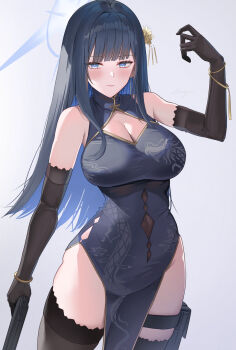 1girl alternate_costume bare_shoulders black_dress black_gloves black_thighhighs blue_archive blue_eyes blue_hair blue_halo blush breasts cleavage cleavage_cutout closed_mouth clothing_cutout colored_inner_hair dress earrings elbow_gloves gloves gun hair_ornament halo handgun highres holding jewelry large_breasts long_hair looking_at_viewer multicolored_hair saori_(blue_archive) shougun_(chuckni1) simple_background smile solo thigh_strap thighhighs weapon