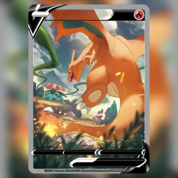 animal_focus blue_eyes card_(medium) charizard claws cloud cloudy_sky commentary company_name copyright_name copyright_notice dragon embers english_commentary fangs fire flame-tipped_tail flower flying gen_1_pokemon grass mountainous_horizon murayama_ryota nintendo no_humans official_art open_mouth outdoors plant pokemon pokemon_(creature) pokemon_card pokemon_focus pokemon_tcg red_eyes red_flower rock sharp_teeth sky tail teeth textless_version third-party_source trading_card tree venusaur vines