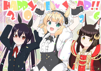 3girls animal_ears arms_up azur_lane black_hair black_hairband black_jacket blonde_hair brown_eyes center_frills closed_mouth collared_shirt commentary_request crossover dress fake_animal_ears fleur_de_lapin_uniform fox_ears frilled_hairband frills gochuumon_wa_usagi_desu_ka? green_eyes hairband happy_new_year jacket k-on! kirima_syaro long_hair mitya multiple_girls nagato_(azur_lane) nakano_azusa neck_ribbon new_year puffy_short_sleeves puffy_sleeves rabbit_ears red_dress red_ribbon ribbon sakuragaoka_high_school_uniform school_uniform shirt short_sleeves smile twintails white_shirt