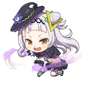 1girl arched_bangs black_capelet black_gloves black_hat black_shoes black_skirt blush bow bowtie brooch capelet chibi chibi_only commentary_request cone_hair_bun cropped_shirt gloves grey_hair grey_shirt grey_thighhighs hair_bun hairband haniwa_(leaf_garden) hat hexagram_hair_ornament hololive jewelry layered_capelet long_hair long_sleeves lowleg lowleg_skirt magic midriff miniskirt murasaki_shion murasaki_shion_(1st_costume) open_mouth pink_bow pink_bowtie purple_capelet shirt shoes short_eyebrows side_up_bun simple_background single_side_bun skirt solo striped_clothes striped_shirt striped_thighhighs thick_outlines thighhighs thighlet tilted_headwear v-shaped_eyebrows vertical-striped_clothes vertical-striped_shirt vertical-striped_thighhighs virtual_youtuber white_background witch witch_hat yellow_eyes