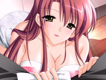 1boy 1girl bare_shoulders between_legs breasts choco_chip cleavage doki_doki_onee-san earrings game_cg green_eyes jewelry large_breasts long_hair looking_at_viewer miura_reiko pov red_hair smile solo_focus