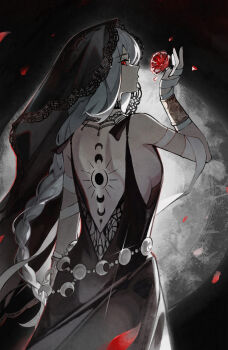 1girl absurdres back_tattoo backless_dress backless_outfit bandaged_arm bandaged_hand bandages bare_shoulders black_background black_dress black_veil braid breasts crescent crescent_tattoo dress falling_petals flower from_behind hand_up highres lace-trimmed_veil lace_trim long_braid long_hair looking_at_viewer medium_breasts official_alternate_costume petals profile quanx70909457 red_eyes red_flower red_rose reverse:1999 rose semmelweis_(reverse:1999) semmelweis_(the_wax_and_wane_of_the_heart)_(reverse:1999) sideboob single_braid sleeveless sleeveless_dress solo tattoo upper_body veil