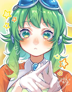 1girl absurdres commentary_request gloves goggles goggles_on_head green_eyes green_hair gumi highres looking_at_viewer mai_mugi own_hands_together signature solo star_(symbol) upper_body vocaloid white_gloves