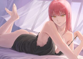 1girl ano_(gccx8784) ass bad_anatomy barefoot black_nightgown breasts chainsaw_man cleavage clothes_lift collarbone commentary_request curtains dress dress_lift floating_curtains hair_down long_hair looking_at_viewer lying makima_(chainsaw_man) medium_breasts nightgown on_stomach red_hair reversed_foot solo the_pose window yellow_eyes