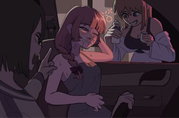 3girls bare_shoulders black_hair black_shirt blonde_hair blood blue_eyes bocchi_the_rock! bottle braid breasts car_interior cleavage commentary dress drooling drunk english_commentary green_dress hand_on_own_stomach highres hiroi_kikuri holding holding_bottle iwashita_shima jacket jacket_partially_removed long_hair multiple_girls nihonnogoburin nosebleed off_shoulder one_eye_closed purple_hair saliva shimizu_eliza shirt short_hair sick_hack single_braid sleeveless sleeveless_dress white_jacket