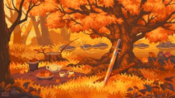 animated animated_gif artist_name autumn bowl cup day falling_leaves fishing_rod food forest frog fruit grass leaf mini-moss nature no_humans original outdoors picnic_blanket pixel_art pond scenery sword teapot tree water weapon