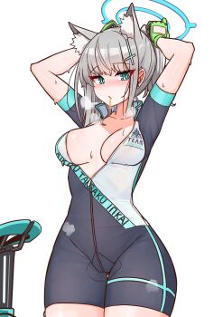 1girl absurdres animal_ear_fluff animal_ears bike_jersey blue_archive blue_eyes blue_halo breasts cowboy_shot cross_hair_ornament extra_ears gloves green_gloves grey_hair hair_ornament hair_tie_in_mouth halo highres large_breasts looking_at_viewer mouth_hold partially_unzipped shiroko_(blue_archive) shiroko_(cycling)_(blue_archive) short_sleeves simple_background solo tonys tying_hair white_background wolf_ears