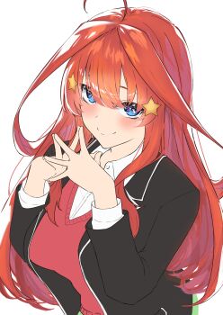 1girl absurdres ahoge akaneiro_(akane_color35) asahiyama_high_school_uniform bad_id bad_pixiv_id black_jacket blue_eyes blurry blush breasts closed_mouth collared_shirt depth_of_field eyebrows_hidden_by_hair eyelashes eyes_visible_through_hair flat_color from_above go-toubun_no_hanayome hair_between_eyes hair_ornament hands_up heart heart-shaped_pupils highres jacket large_breasts long_hair long_sleeves looking_at_viewer nakano_itsuki open_clothes open_jacket own_hands_together red_hair red_sweater_vest school_uniform shirt sidelighting sidelocks simple_background smile solo split_mouth star_(symbol) star_hair_ornament steepled_fingers sweater_vest symbol-shaped_pupils upper_body very_long_hair white_background white_shirt