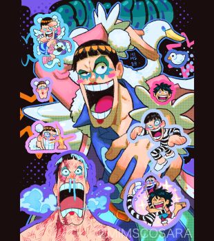 Rule 34 | 2boys, black hair, bob cut, bon clay, chibi, coat, commentary, highres, hug, leg hair, makeup, mimscosara, monkey d. luffy, multiple boys, multiple views, one piece, open mouth, pillarboxed, pink coat, prison clothes, shoes, smile, sparkle, white shoes