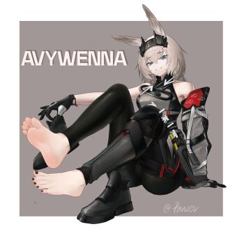 1girl absurdres animal_ears arknights arknights:_endfield avywenna_(arknights) barefoot blue_eyes feet highres long_hair looking_at_viewer panzi_panzer parted_lips shoes soles toes unworn_shoes