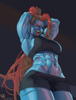 1girl abs artist_name black_shorts black_sports_bra blue_eyes blue_skin breasts catastropart colored_skin colored_teeth eyepatch grey_background highres large_breasts long_hair looking_at_viewer monster_girl muscular muscular_female navel open_mouth pubic_hair pubic_stubble red_hair scar scar_on_leg scar_on_stomach short_shorts shorts simple_background solo sports_bra teeth tongue tongue_out undertale undyne upper_teeth_only utdr_(toby_fox) yellow_teeth