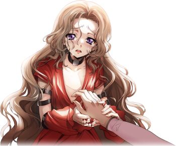 1girl bare_shoulders choker code_geass code_geass:_lost_stories commentary_request crying dress elbow_gloves f4samurai gloves long_hair multiple_boys nunnally_vi_britannia official_art open_mouth purple_eyes red_dress sad short_hair solo teeth very_long_hair