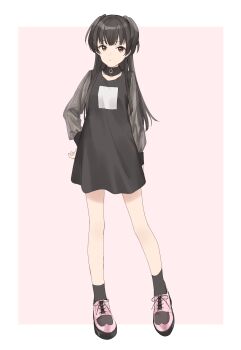 1girl :/ black_dress black_hair black_socks black_wrist_cuffs choker commentary_request dress full_body green_eyes half_updo highres idolmaster idolmaster_shiny_colors long_hair mayuzumi_fuyuko pachiko see-through_clothes see-through_sleeves socks solo two-tone_headwear wrist_cuffs