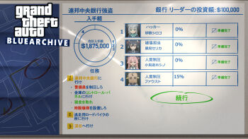 4girls bag_on_head black_hair blue_archive blue_eyes blueprint_(object) chart commentary_request faust_(blue_archive) fuka_(kantoku) grand_theft_auto grand_theft_auto_v grey_hair halo hifumi_(blue_archive) highres hoshino_(blue_archive) multiple_girls open_mouth pink_hair pink_halo serika_(blue_archive) shiroko_(blue_archive) translation_request upper_body