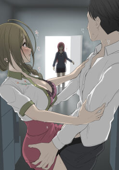 1boy 2girls absurdres belt black_belt black_pants black_skirt bra braid breasts brown_hair caught character_request commentary_request copyright_request grey_sweater hand_on_another's_arm hand_on_another's_chest hand_on_another's_thigh hetero highres implied_sex indoors large_breasts long_hair long_sleeves looking_at_another looking_to_the_side multiple_girls murabito_c open_clothes open_door open_shirt pants pink_bra pink_skirt school_uniform shirt single_braid skirt sound_effects standing steam steaming_body sweat sweater turning_head underwear walk-in white_shirt