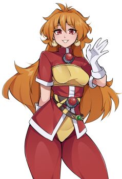 1girl breasts commentary commission cowboy_shot double-parted_bangs earrings english_commentary gloves hair_between_eyes hand_up highres jacket jewelry lina_inverse long_hair looking_at_viewer medium_breasts oninuer orange_hair pants red_eyes red_jacket red_pants simple_background slayers smile solo sphere_earrings white_background white_gloves