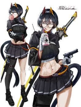 Rule 34 | 1girl, absurdres, arms under breasts, belt, beretta 92, black-framed eyewear, black eyes, black hair, black shoes, black shorts, black skirt, black sweater, blowing bubble gum, breasts, bright pupils, can, center-flap bangs, chest belt, chewing gum, commentary request, contrapposto, cowboy shot, crossed arms, double-parted bangs, drink can, drinking, drinking straw, english text, fake horns, finger on trigger, full body, glasses, gloves, gun, hair between eyes, hairband, handgun, highres, holding, holding can, holding gun, holding weapon, holster, holstered, horn hairband, horns, long sleeves, looking over eyewear, looking to the side, medium breasts, midriff, miniskirt, multiple views, navel, o-ring, opaque glasses, original, pantyhose, pleated skirt, ribbed sweater, shoes, shorts, shorts under skirt, sideways glance, simple background, single leg pantyhose, skirt, soda can, solo, standing, sweater, sword, sword on back, tail, thigh holster, toned, toned female, underbust, ushiwaka, walkie-talkie, weapon, weapon on back, white background, white belt, white gloves, white hairband, white pupils, wide sleeves, wolf cut
