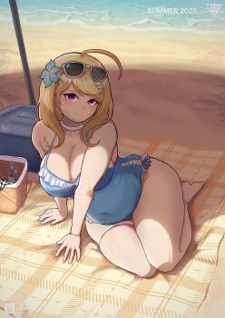 Rule 34 | 1girl, ahoge, akamatsu kaede, arm support, artist logo, artist name, beach, belly, blonde hair, blue flower, blue one-piece swimsuit, blush, breasts, casual one-piece swimsuit, choker, cleavage, cooler, covered navel, danganronpa (series), danganronpa v3: killing harmony, eyewear on head, flower, fortissimo, hair flower, hair ornament, highres, large breasts, light smile, logo, long hair, looking at viewer, musical note, musical note hair ornament, ocean, one-piece swimsuit, picnic basket, picnic blanket, plump, purple eyes, raised eyebrows, self-upload, shade, skindentation, smile, solo, soshu (soshuscribbles), sunglasses, swimsuit, thick thighs, thigh strap, thighs, two-tone swimsuit, white choker