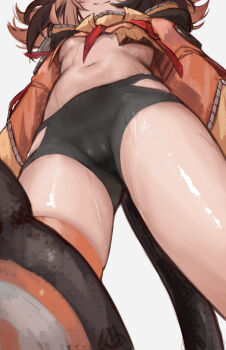 Rule 34 | 1girl, absurdres, bike shorts, black hair, black shorts, black tail, blush, breasts, brown hair, closed mouth, clothing cutout, commentary, from below, gigi murin, gigi murin (1st costume), highres, hip vent, hololive, hololive english, long sleeves, multicolored hair, naokomama, navel, orange shrug, puffy long sleeves, puffy sleeves, shorts, shrug (clothing), simple background, small breasts, smile, solo, standing, stomach, streaked hair, thighs, underboob, virtual youtuber, white background