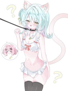 2girls :d =_= ? absurdres amaori_renako animal_collar animal_ear_fluff animal_ears bare_arms bare_shoulders bell black_collar black_thighhighs blue_hair blush bow bow_bra bra breasts c: cat_ears cat_girl cat_tail cleavage closed_eyes collar collarbone eighth_note fang flipped_hair flying_sweatdrops frilled_bra frilled_straps frills furrowed_brow hair_bun hair_ornament hair_ribbon hairclip hand_on_own_ass hand_up happy highres implied_yuri iruno jingle_bell kemonomimi_mode koyanagi_kaho leash leash_pull medium_hair microskirt multiple_girls musical_note navel neck_bell nose_blush open_mouth parallel_hairclips pink_hair raised_inner_eyebrows red_bow red_ribbon ribbon side_up_bun simple_background single_side_bun skin_fang skindentation skirt small_breasts smile solo_focus spoken_character spoken_musical_note stomach sweatdrop tail thighhighs underwear underwear_only watashi_ga_koibito_ni_nareru_wake_naijan_murimuri! white_background white_bra white_skirt x_hair_ornament yellow_eyes yellow_ribbon
