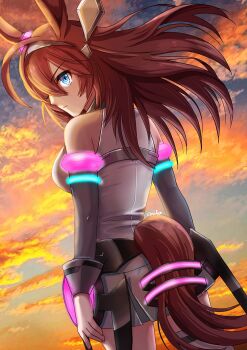 1girl ahoge animal_ears bare_shoulders blue_eyes breasts brown_hair closed_mouth cloud commentary_request detached_sleeves from_behind grey_hairband grey_leotard grey_skirt grey_sleeves hair_between_eyes hairband highleg highleg_leotard horse_ears horse_girl horse_tail large_breasts leotard long_hair looking_to_the_side lowleg lowleg_skirt mihono_bourbon_(mb-19890425)_(umamusume) mihono_bourbon_(umamusume) otono_(bkt4b) outdoors shirt silver_hairband skirt sky solo tail thighhighs umamusume white_leotard white_thighhighs