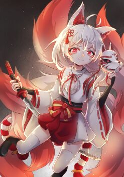 1girl absurdres ahoge animal_ears boots closed_mouth commentary fox_ears fox_mask fox_tail highres holding holding_mask holding_sword holding_weapon honkai_(series) honkai_impact_3rd japanese_clothes katana long_hair looking_at_viewer mask miko mokbel_(belle0324) multiple_tails pink_eyes reverse_grip smile solo split_mouth sword tail theresa_apocalypse theresa_apocalypse_(sakuno_rondo) thighhighs weapon white_hair white_thighhighs