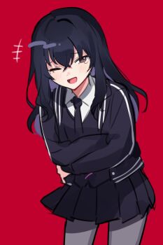 Rule 34 | +++, 1girl, black hair, black jacket, black necktie, black skirt, black sweater vest, blush, buttons, collared shirt, commentary request, cowboy shot, crossed bangs, furrowed brow, grey pantyhose, hands on own stomach, highres, jacket, kusakabe azusa, laughing, leaning forward, long hair, looking at viewer, necktie, nijisanji, one eye closed, open clothes, open jacket, open mouth, pantyhose, pleated skirt, red background, red eyes, school uniform, shirt, skirt, solo, standing, sweater vest, tearing up, virtual talent academy, virtual talent academy school uniform, virtual youtuber, waka (wk4444), white shirt