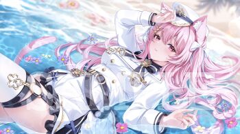 1girl absurdres aida_noa animal_ear_fluff arm_up bow breasts buttons commentary_request commission double-breasted dress hair_bow hand_up hat highres light_blush long_hair looking_at_viewer looking_to_the_side lying medium_breasts on_back original parted_lips pink_eyes pink_hair shore skeb_commission solo tail white_bow white_dress white_hat