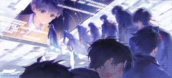 6+boys absurdres bandage_on_face bandages black_coat black_eyes black_hair blood blood_in_hair blood_on_clothes blood_splatter chinese_commentary cloak closed_eyes coat collared_shirt commentary_request flying_paper goo_g000 highres holographic_interface hood hood_up hooded_cloak kim_dokja male_focus multiple_boys multiple_persona oldest_dream omniscient_reader&#039;s_viewpoint open_clothes open_coat paper popped_collar pov secretive_plotter shirt short_hair smile sparkle stairs star_trail translation_request vest walking white_shirt window_(computing) yellow_vest yoo_joonghyuk