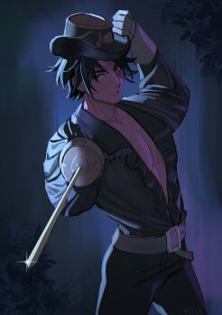 1boy absurdres belt black_eyes black_hair black_headwear black_pants black_shirt buckle burn_scar collarbone collared_shirt commentary english_commentary feet_out_of_frame frilled_shirt frills gloves highres holding holding_sword holding_weapon identity_v light_smile looking_at_viewer neisa norton_campbell norton_campbell_(the_black_tulip) pants plant plunging_neckline rapier scar shirt signature solo sword weapon white_gloves