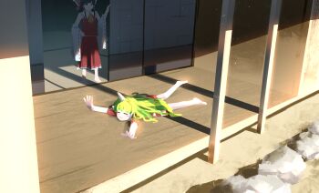 Rule 34 | 2girls, absurdres, ascot, bow, brown hair, closed eyes, closed mouth, commentary request, dauchimk 1, detached sleeves, frilled bow, frilled hair tubes, frills, green hair, hair bow, hair tubes, hakurei reimu, highres, horns, komainu ears, komainu girl, komano aunn, long hair, looking at another, lying, multiple girls, on stomach, pants, red bow, red pants, red shirt, red skirt, ribbon-trimmed sleeves, ribbon trim, shadow, shirt, shouji, single horn, skirt, skirt set, sliding doors, sunlight, touhou, very long hair, white sleeves, yellow ascot