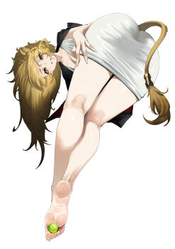 1girl absurdres animal_ears arknights ass barefoot black_jacket blonde_hair chinese_commentary commentary_request dress feet from_below ghosty_(xiaobai) highres holding_with_feet jacket lion_ears lion_girl lion_tail long_hair looking_at_viewer parted_lips siege_(arknights) simple_background solo tail thighs toes white_background white_dress yellow_eyes