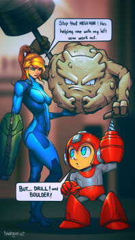 1boy 1girl absurdres arm_cannon armor artist_name ass blonde_hair blue_bodysuit blue_eyes bodysuit breasts crossover danderfull drill dumbbell english_text exercising full_body gen_1_pokemon graveler height_difference helmet highres holding holding_pokemon looking_at_another medium_breasts mega_man_(character) mega_man_(series) metroid mole mole_under_mouth nintendo pokemon pokemon_(creature) ponytail red_helmet samus_aran skin_tight speech_bubble strong super_smash_bros. weapon weightlifting zero_suit