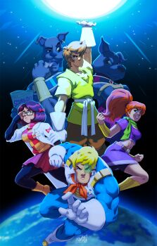 2girls 4boys abs android_21 animal_collar animal_ears ankle_boots armor ascot baggy_pants beerus beerus_(cosplay) belt black-framed_eyewear black_legwear blonde_hair boots breasts brown_fur brown_hair champa_(dragon_ball) collar cosplay crossed_arms crossover daphne_blake dog_boy dog_ears dog_tail dragon_ball dragon_ball_fighterz dragon_ball_super earclip earrings epic facial_hair fingerless_gloves food fred_jones full_body furry fusion glasses gloves hair_ribbon high_heel_boots high_heels highres holding holding_food humanization jewelry kale_(dragon_ball) lab_coat lips long_sleeves medium_breasts miniskirt multiple_boys multiple_girls muscular pants pointy_footwear red_hair red_ribbon red_ribbon_army red_skirt ribbon scarf scooby-doo scooby-doo_(character) scouter scrappy-doo shaggy_rogers shoes short_hair signature skirt sleeves_past_wrists snout stubble sweater tail topless_male tovio_rogers turtleneck turtleneck_sweater vambraces vegeta velma_dinkley white_belt white_gloves