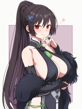 1girl absurdres arm_under_breasts black_bridal_gauntlets black_dress blue_archive blush breasts bridal_gauntlets brown_hair china_dress chinese_clothes cleavage closed_mouth collarbone commentary_request commission cosplay dress hair_ornament heart highres jewelry large_breasts looking_at_viewer milliani mix_tou paid_reward_available pixiv_commission ponytail rance_(series) rance_x red_eyes ring shun_(blue_archive) shun_(blue_archive)_(cosplay) sidelocks smile solo standing