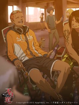 2013 2girls 4boys arm_tattoo beer_bottle character_request check_commentary commentary_request commission drink eyewear_on_head furyou_michi_~gang_road~ headphones holding holding_drink hood hood_down multiple_boys multiple_girls nona official_art open_mouth shorts tattoo welsh_corgi