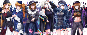 Rule 34 | 6+girls, :o, :p, absurdres, adjusting eyewear, aged up, alternate breast size (larger), alternate costume, bag, beret, black bag, black gloves, black hat, black pants, black shirt, blonde hair, blue dress, blue eyes, blue hair, blue ribbon, bracelet, breasts, brown hair, cardigan, character name, closed mouth, dress, drill hair, english text, fingerless gloves, flame print, gloves, gradient hair, grey hair, grin, hair between eyes, hair ornament, hair ribbon, hand on eyewear, hand on headwear, handbag, hat, highres, jewelry, large breasts, levi the slasher, long hair, long sleeves, looking at viewer, lyrical nanoha, mahou shoujo lyrical nanoha, medium breasts, midriff, multicolored hair, multiple girls, off-shoulder dress, off shoulder, official alternate costume, open cardigan, open clothes, open mouth, pants, purple eyes, purple sweater, red eyes, red ribbon, ribbon, ring, shirt, short dress, short hair, side drill, side ponytail, smile, sougetsu izuki, stern the destructor, sweater, teeth, thigh strap, tongue, tongue out, torn clothes, torn pants, two-tone hair, v, very long hair, x hair ornament