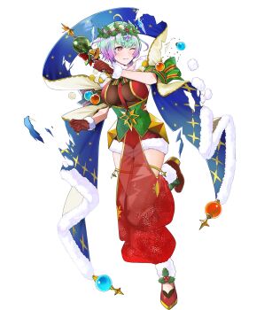 1girl ahoge blue_hair breasts crystal damaged fire_emblem fire_emblem_heroes gloves green_eyes highres holding holding_wand large_breasts mistletoe mistletoe_hair_ornament nintendo non-web_source official_alternate_costume official_art one_eye_closed red_gloves see-through_clothes seidr_(fire_emblem) seidr_(winter)_(fire_emblem) shawl short_hair solo star_(symbol) star_print torn_clothes wand