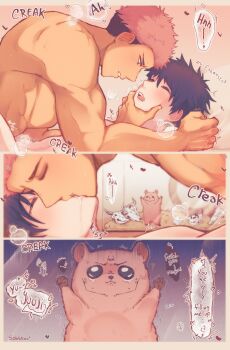 3boys absurdres alternate_form artist_name black_hair blush closed_eyes english_text french_kiss fushiguro_megumi highres itadori_yuuji jujutsu_kaisen kiss male_focus moaning multiple_boys pink_hair ryoumen_sukuna_(jujutsu_kaisen) saliva sex short_hair sobskoo teeth toned toned_male tongue undercut upper_teeth_only yaoi