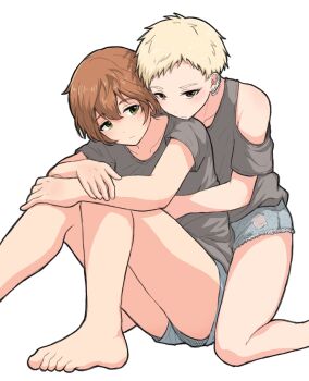 2girls barefoot blonde_hair blue_shorts breasts brown_eyes brown_hair clothing_cutout commentary_request ear_piercing earrings green_eyes highres hug hug_from_behind idolmaster idolmaster_cinderella_girls jewelry kneeling multiple_earrings multiple_girls noe_aoikaba piercing pixie_cut senzaki_ema shirt short_hair short_shorts shorts shoulder_cutout sitting small_breasts stud_earrings t-shirt torn_clothes torn_shirt yoshioka_saki