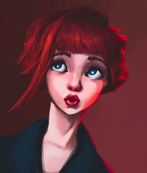 Rule 34 | 1girl, blue eyes, blunt bangs, commentary, english commentary, facing viewer, highres, lips, lipstick, looking up, makeup, nose, original, portrait, puckered lips, realistic, red background, red hair, red lips, short hair, solo, titanartx