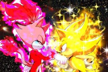 1boy 1girl blaze_the_cat blush burning burning_blaze commission fire forehead_jewel furry furry_female furry_male gloves highres jacket kad_productions kiss kissing_hand parted_lips pink_fur ponytail red_eyes red_jacket sonic_(series) sonic_rush sonic_rush_adventure sonic_the_hedgehog sparkle super_sonic white_gloves yellow_fur