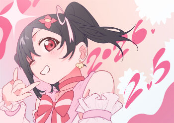 Rule 34 | absurdres, black hair, bow, choker, day, dress, earrings, flower, flower pin, hair bow, hashtag-only commentary, heart, highres, inazuma (elect line), jewelry, love live!, love live! school idol project, nico nico nii, one eye closed, pink background, pink bow, pink dress, pink sleeves, red eyes, shapes, shapes background, short twintails, simple background, smile, teeth, twintails, yazawa nico