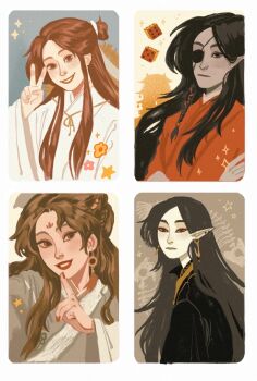 1girl 3boys architecture beads black_eyes black_hair black_hanfu border braid brown_background brown_eyes brown_hair chinese_clothes collage colored_skin crossed_arms dice earrings east_asian_architecture expressionless eyeliner eyepatch fish_skeleton gold_trim grey_background grey_hanfu grey_skin hair_beads hair_bun hair_ornament hanfu hat hat_on_back he_xuan highres hua_cheng jewelry long_hair long_sleeves looking_at_viewer makeup multiple_boys open_mouth pale_skin pointy_ears red_eyeliner red_hanfu red_nails rice_hat shi_qingxuan side_braid single_hair_bun smile tianguan_cifu upper_body v wavy_hair white_background white_border white_hanfu xie_lian yaroslava_murashko