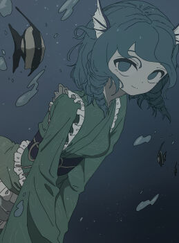 1girl absurdres air_bubble blue_eyes blue_hair breasts bubble commentary_request drill_hair drill_sidelocks fins fish frilled_kimono frills green_kimono head_fins highres japanese_clothes kimono long_sleeves looking_at_viewer looking_to_the_side medium_breasts medium_hair mermaid monster_girl obi obijime sash sidelocks smile solo touhou underwater uzou_(uzooooooooo) wakasagihime