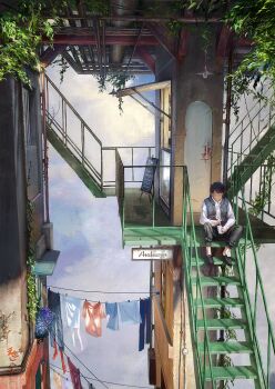 1boy ag+_(atelieriji) black_hair black_jacket black_pants black_shoes building closed_eyes closed_mouth clothesline cloud commentary_request cup disposable_cup door down_jacket flower gutter hanging_light high_up highres holding holding_cup industrial_pipe jacket loafers long_sleeves menu_board original outdoors pants plant potted_plant purple_flower rust scenery shirt shoes short_hair sitting sitting_on_stairs sky sleeveless sleeveless_jacket smile solo stairs unworn_clothes vines white_shirt wire