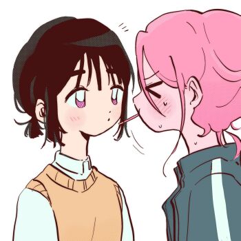 &gt;_&lt; 2girls alien_stage black_hair blush brown_sweater_vest coldmeow food hair_up hashtag-only_commentary highres mizi_(alien_stage) multiple_girls pink_hair pocky pocky_day pocky_kiss purple_eyes shared_food shirt short_hair simple_background sua_(alien_stage) sweat sweater_vest white_background white_shirt yuri