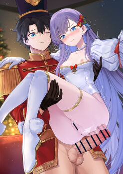 1boy 1girl anus black_gloves black_hair blue_eyes bottomless box breasts carrying censored christmas coffeekite dress epaulettes erection fate/grand_order fate_(series) fujimaru_ritsuka_(male) gift gift_box gloves hetero highres imminent_penetration jewelry long_hair meltryllis_(fate) necklace nipples one_eye_closed pants pearl_necklace penis princess_carry purple_hair pussy red_pants red_vest short_hair small_breasts smile testicles very_long_hair vest white_dress